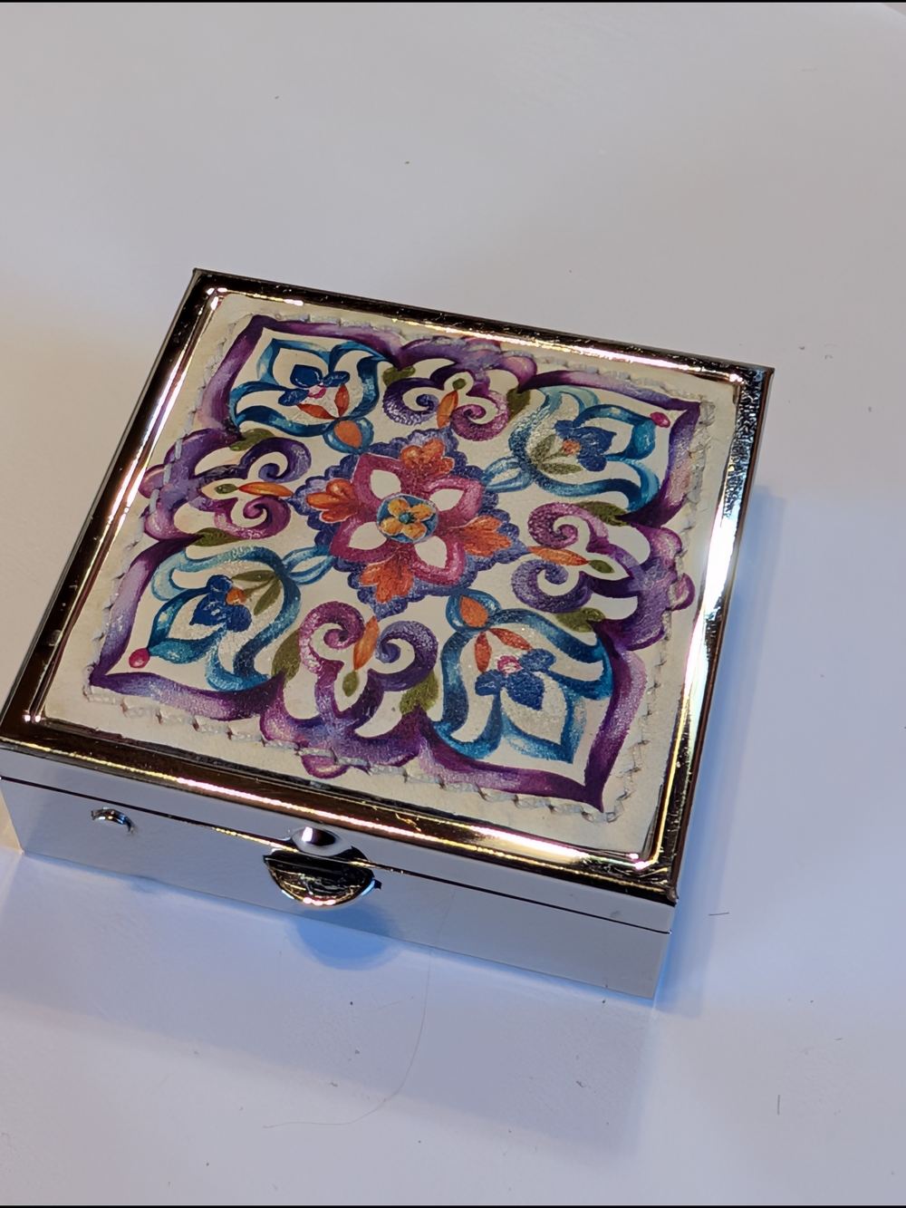 Brighton Mirrored Pill Box with Colorful Floral Inlay